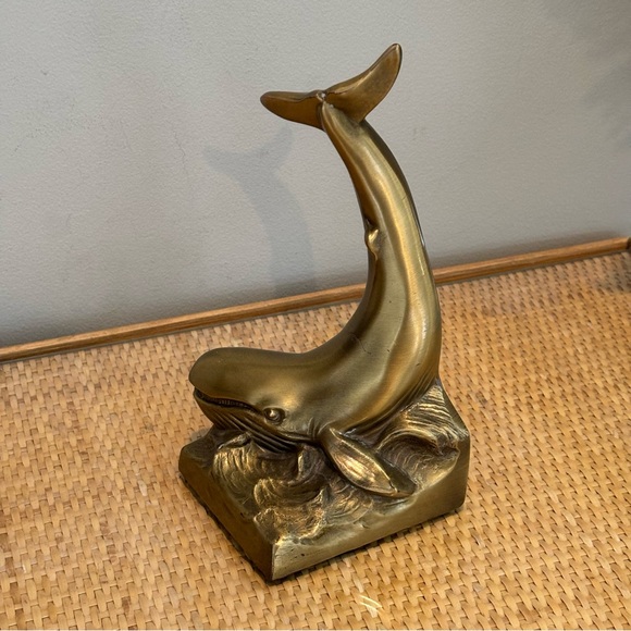 Vintage whale bookend heavy cast metal  brushed brass finish excellent shape ! - Picture 1 of 5